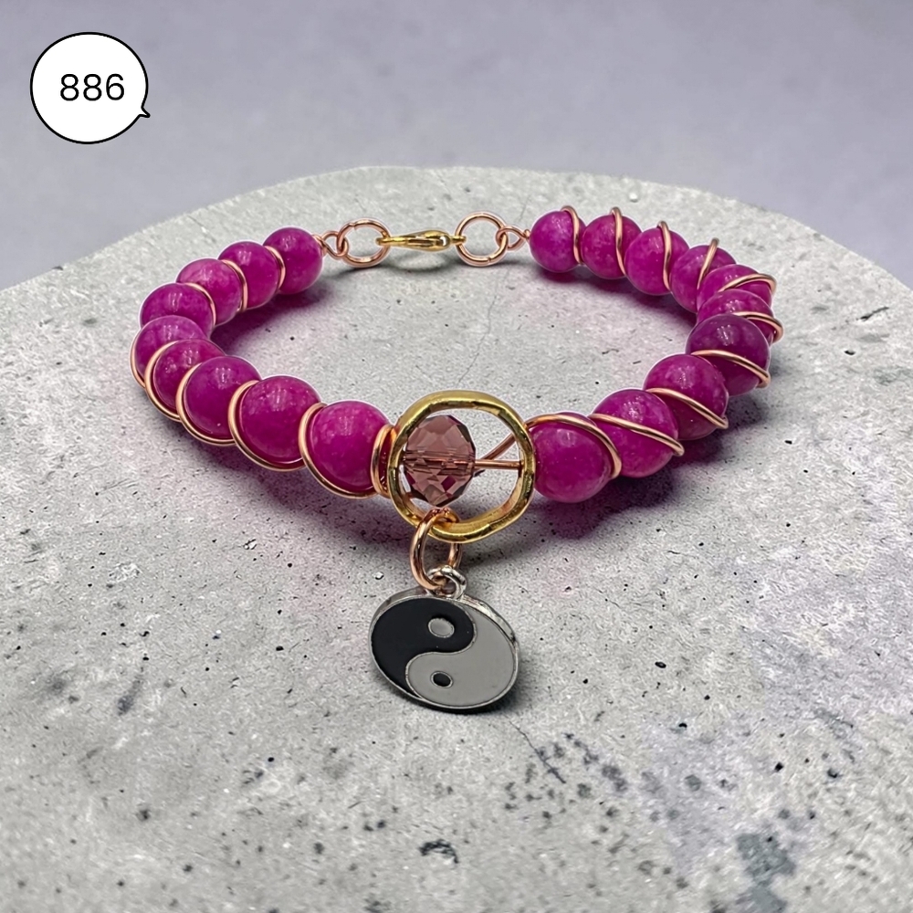 Fuchsia Beaded Bracelet with Yin Yang Charm and Gold Accents